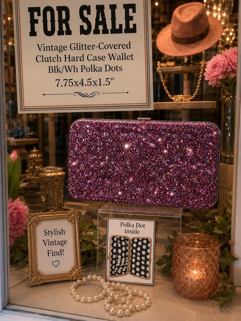 Vintage Glitter-Covered Clutch Hard Case Wallet Blk/Wh Polka Dots 7.75x4.5x1.5"